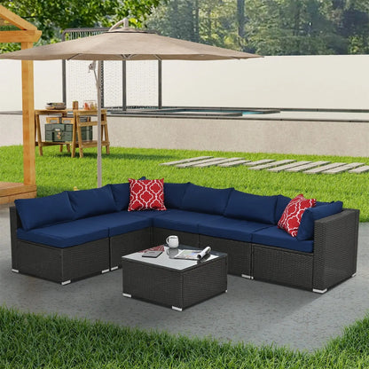 7 Piece Patio Furniture Sets Outdoor Sectional PE Rattan Outdoor Furniture Patio Conversation Set with Cushions and Glass Coffee Table, for Balcony Lawn and Garden, Gray