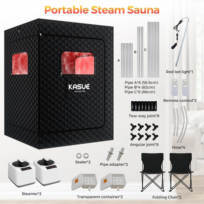 Upgraded 2 Person Portable Infrared Sauna Box with 5-Layer Waterproof, 2 Steamers, 2 Folding Chair for Spa, Indoor, Outdoor, Gym, Pilates, 71”X 36”X 49”, Black-2 Person