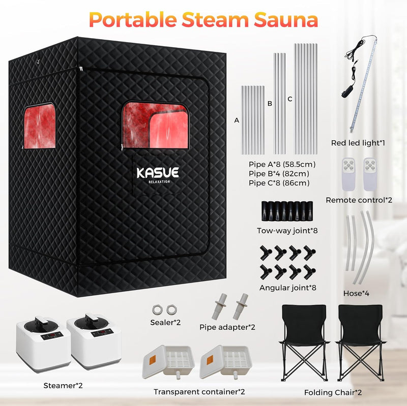 Upgraded 2 Person Portable Infrared Sauna Box with 5-Layer Waterproof, 2 Steamers, 2 Folding Chair for Spa, Indoor, Outdoor, Gym, Pilates, 71”X 36”X 49”, Black-2 Person
