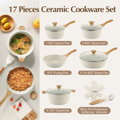Upgrade Your Kitchen Game with Our 17-Piece Ceramic Nonstick Cookware Set! 🍳✨ Perfect for Healthier Cooking! #KitchenEssentials #HealthyCooking