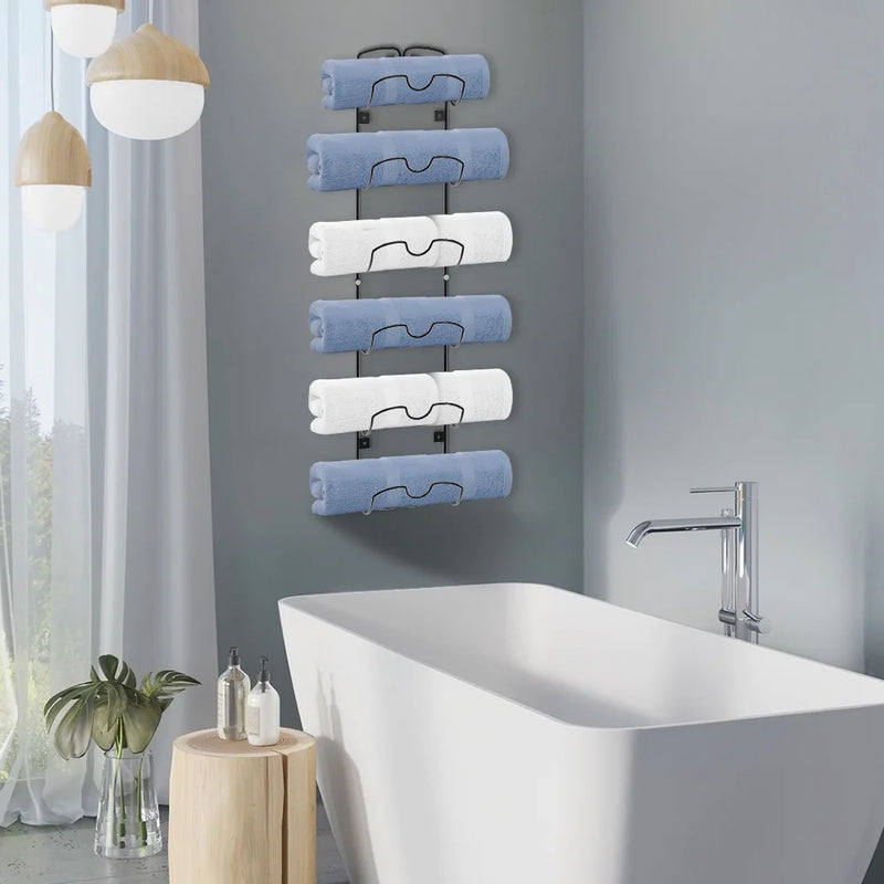 Towel Rack Wall-Mounted Metal Wine Rack Towel Rack Storage Rack with 6 Compartments for Bathroom Towels and Towels-Black