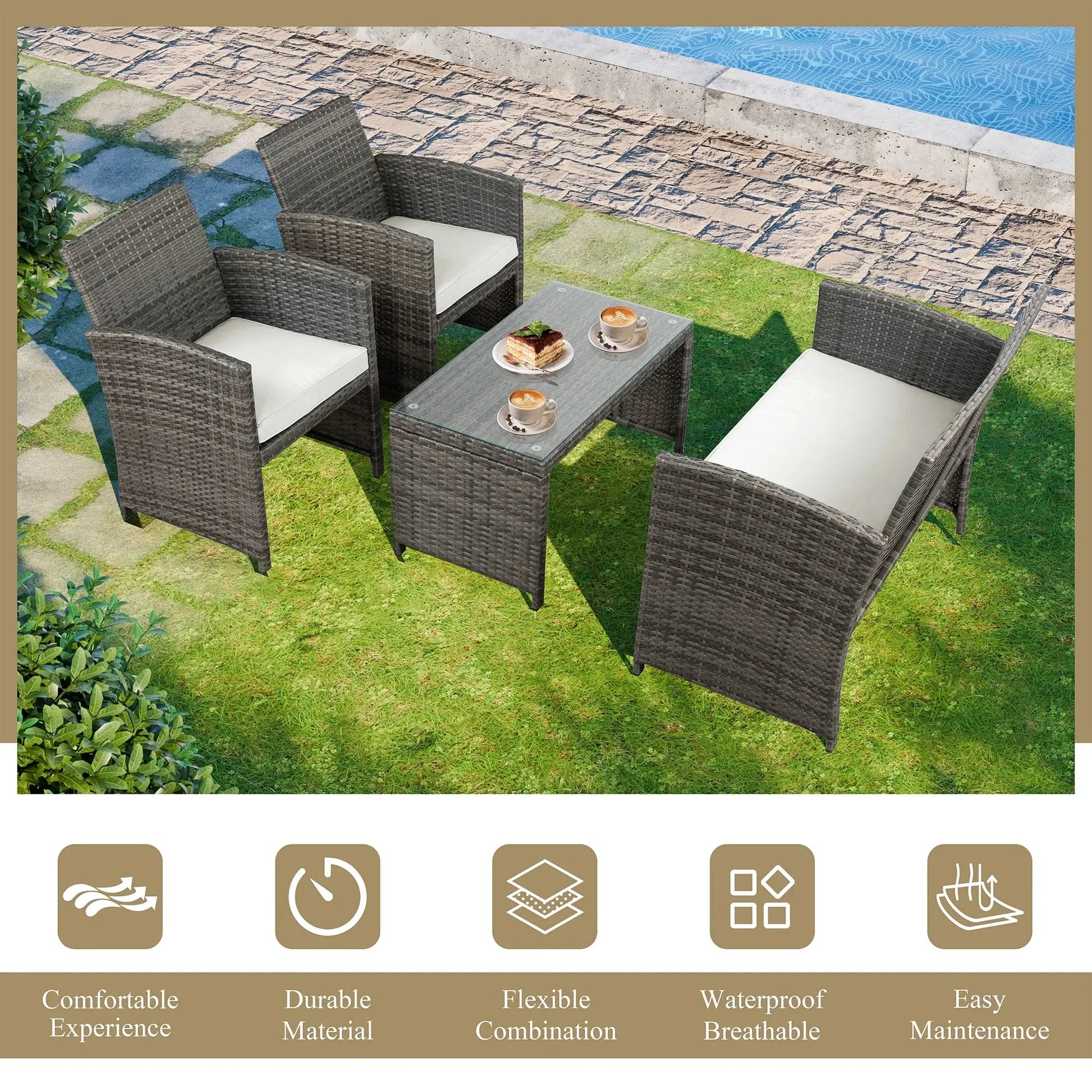 4-Piece Patio Rattan Furniture Set with Cushions & Tempered Glass Tabletop, White