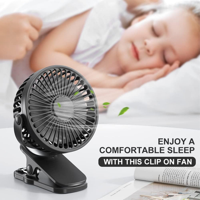 6-Inch Portable Clip-On Fan, Battery-Powered USB Desk Fan with 3 Speed Settings, Adjustable Clamp, 360° Rotation for Office, Home, Dormitory, and Stroller (Black)