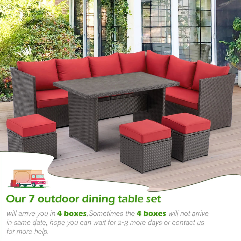 7 Piece Patio Conversation Set, Outdoor Sectional Sofa Rattan Wicker Dining Furniture, Red