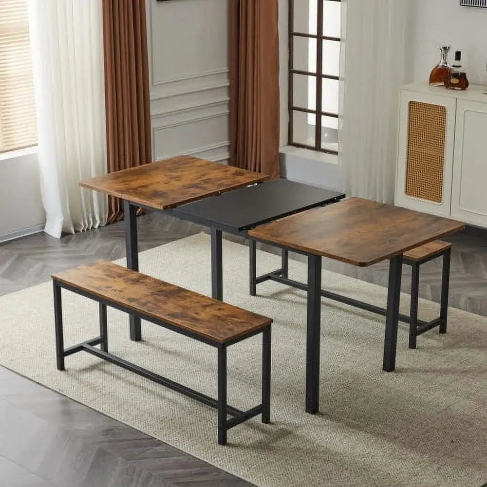 Ktaxon Extendable Dinner Table for 6 Dining Room Table Set Rectangle Kichen Table with Two Benches 63" W Fire Wood and Black