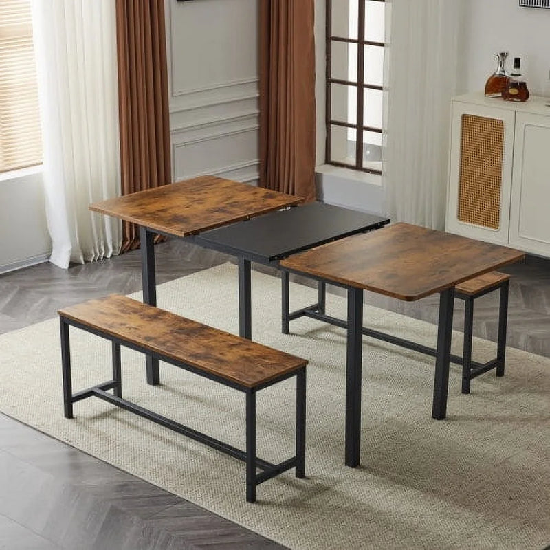 Ktaxon Extendable Dinner Table for 6 Dining Room Table Set Rectangle Kichen Table with Two Benches 63" W Fire Wood and Black