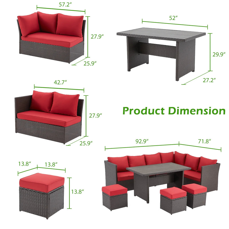 7 Piece Patio Conversation Set, Outdoor Sectional Sofa Rattan Wicker Dining Furniture, Red