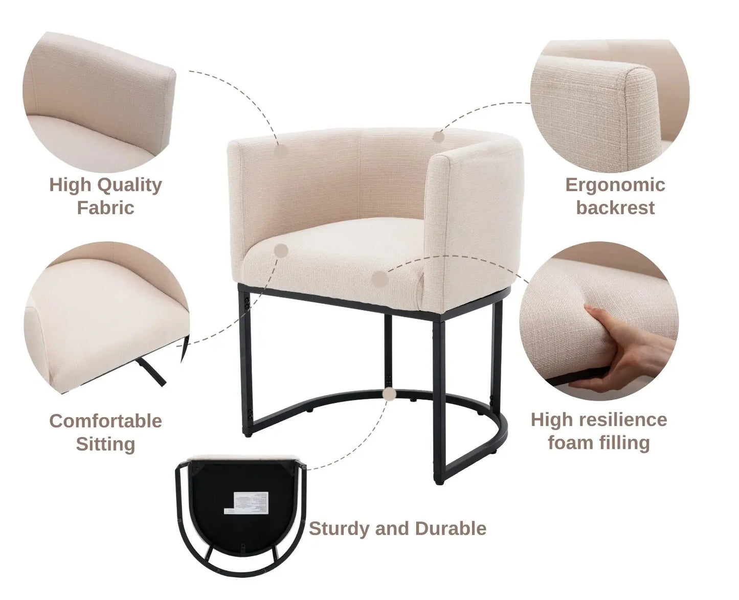 Modern Linen Dining Chair, Mid-Century Upholstered Barrel Kitchen Chairs Fabric Side Chair with Metal Legs and Curved Back for Living Room Dining Room Bedroom, Cream