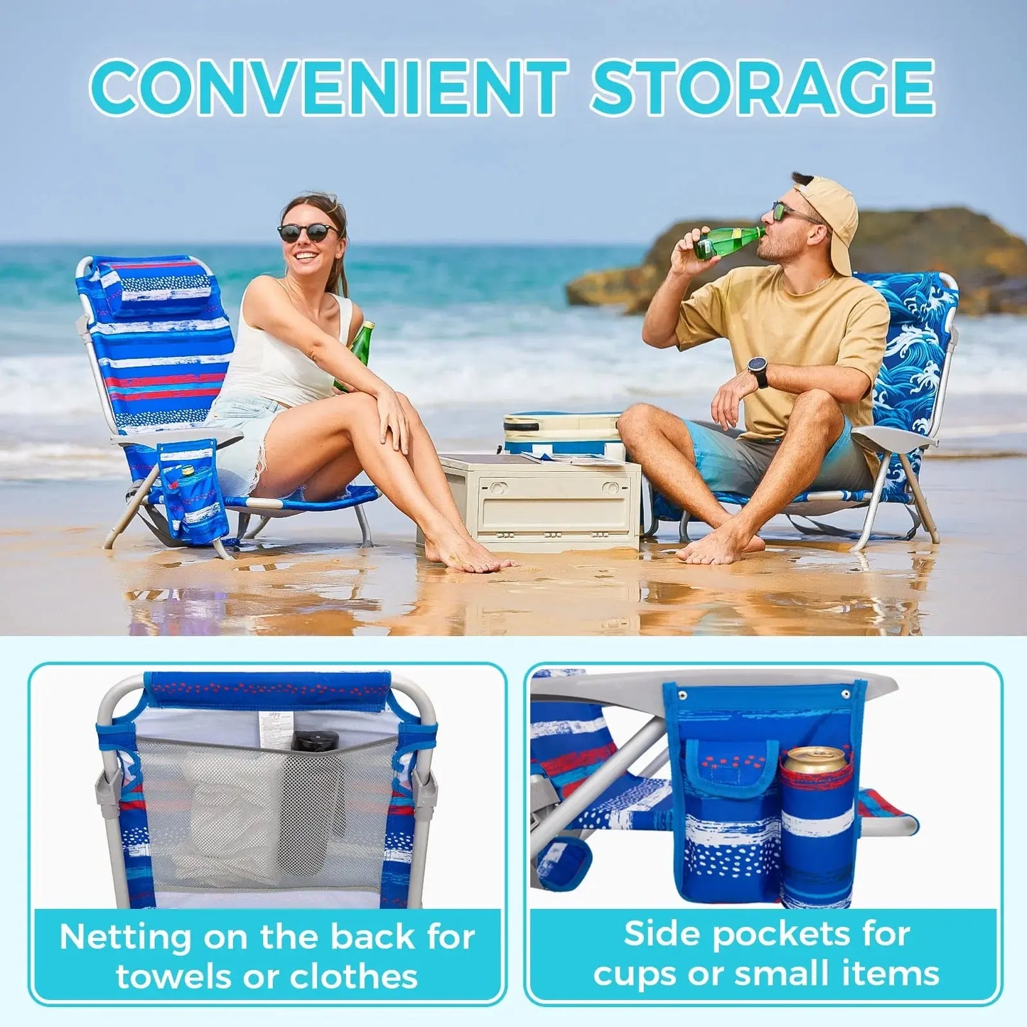 Ultimate Comfort: 4-Position Adjustable Backpack Beach Chair - Lightweight Aluminum Relaxation with Headrest, Cup Holder, and Towel Rack - Holds Up to 265 lbs!