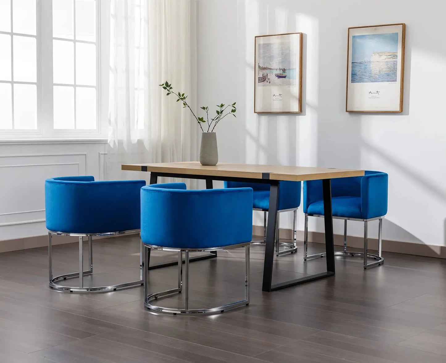 Modern Velvet Dining Chair, Mid-Century Upholstered Barrel Kitchen Chairs Fabric Side Chair with Metal Legs and Curved Back for Living Room Dining Room Bedroom, Blue