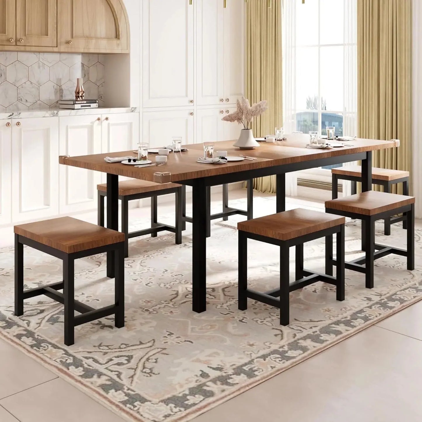 Dining Table Set, 7-Piece Extendable Table from 63" Large Extendable Kitchen Table Set for 4-8 People, Mid-Century Dining Room Table with 6 Square Stools,Walnut
