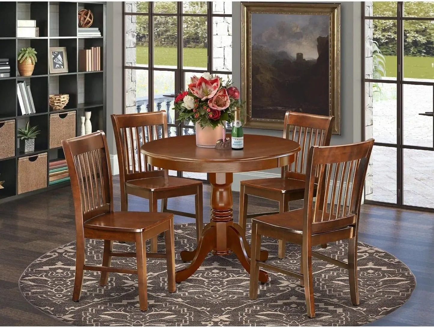 ANNO5-MAH-W 5 Piece Dining Set Includes a round Dining Room Table with Pedestal and 4 Wood Seat Chairs, 36X36 Inch, Mahogany