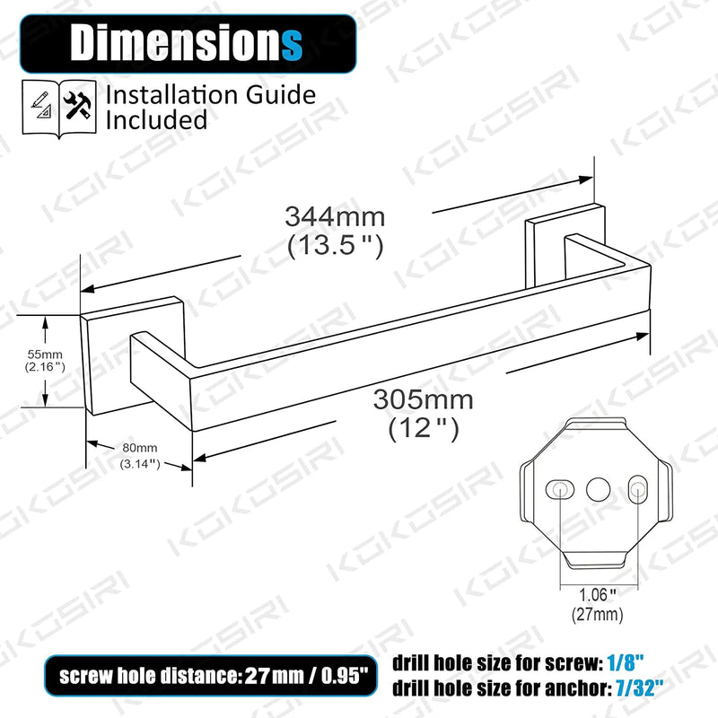 12-Inch Single Towel Bar Bathroom Kitchen Towel Holder Wall Mounted SUS304 Stainless Steel Towel Rack Brushed Nickel B4003BR-L12