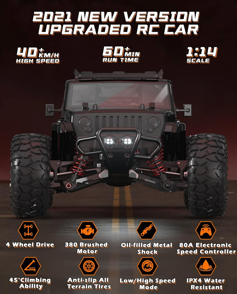 1:14 Scale Big RC Car, RC Cars 4WD off Road Hobby Trucks 40+ KM/H High Speed Remote Control Car with Two 1500Mah Batteries, 2.4Ghz All Terrain Toy Vehicle Crawler Gift for Adults Teens Boys