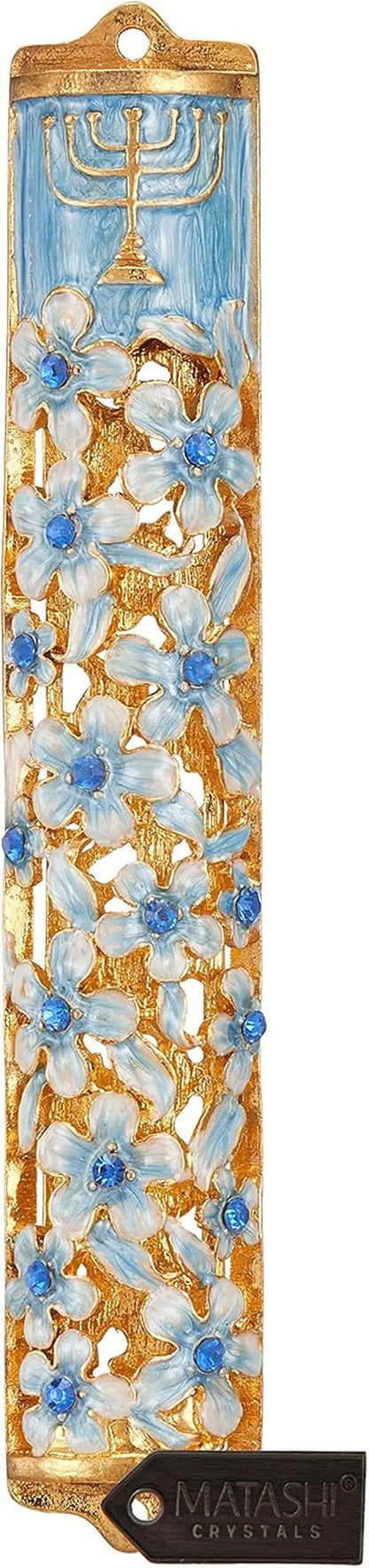 Hand Painted Blue and Ivory Enamel Flower Mezuzah Embellished with Gold Accents and Menorah Design Crystals Home Door Wall Decor Housewarming Present Gift for Festival(5.5 Inch)