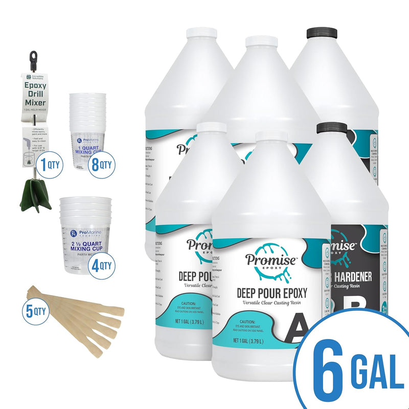 Deep Pour Epoxy Resin Kit 6 Gal - Food Safe, Clear Casting, Ideal for River Tables, Artistic Castings and DIY Projects - High-Gloss Finish, up to 4" Pouring Depth - Usa-Made, Low Odor