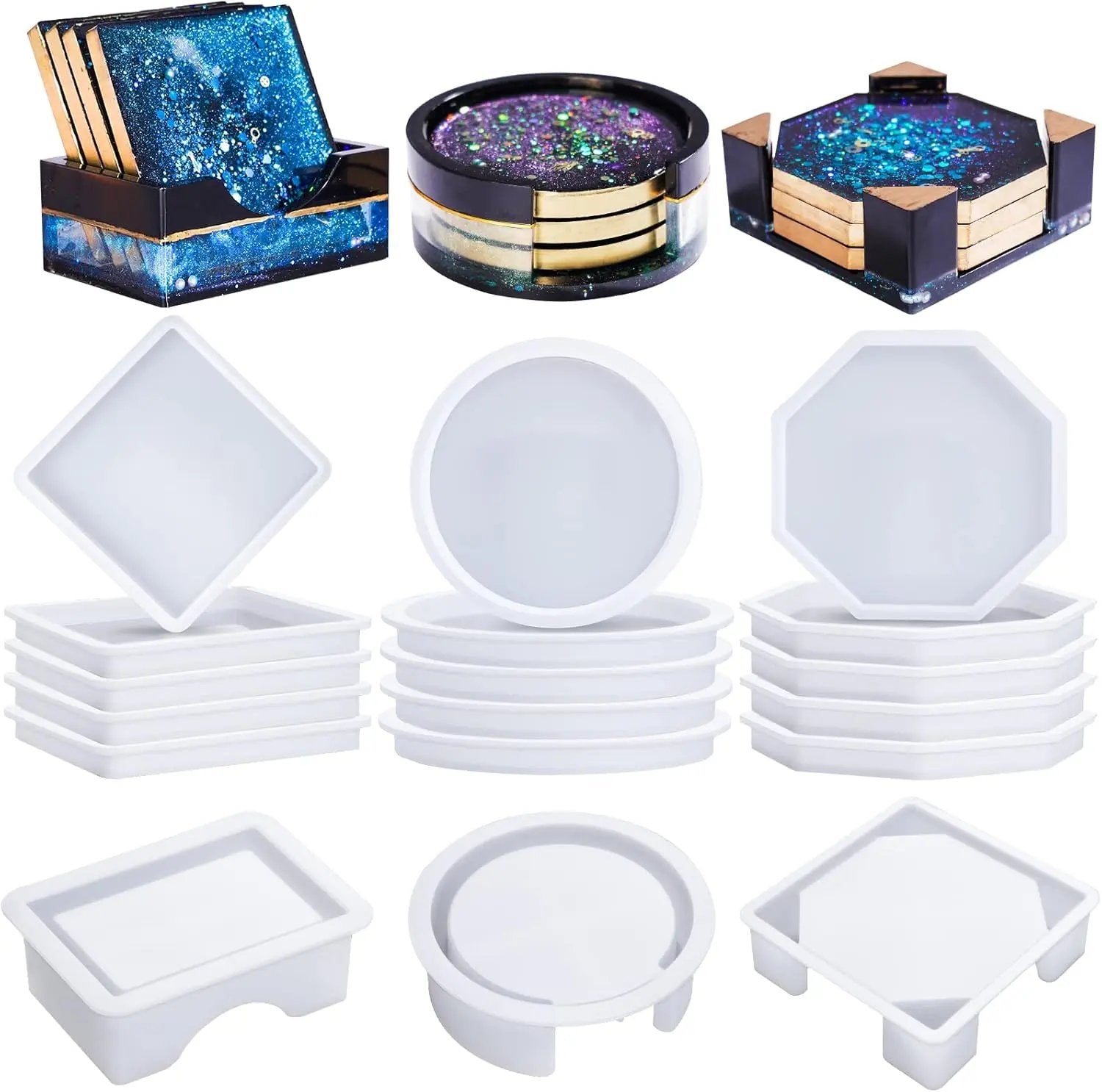 18-Piece Silicone Coaster Resin Molds Set - Round, Square & Octagon Shapes for DIY Art and Craft Projects