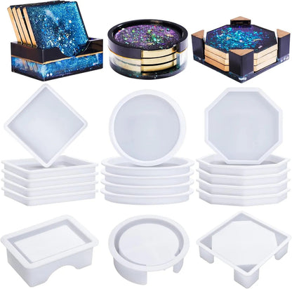 18-Piece Silicone Coaster Resin Molds Set - Round, Square & Octagon Shapes for DIY Art and Craft Projects