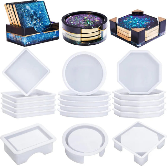 18-Piece Silicone Coaster Resin Molds Set - Round, Square & Octagon Shapes for DIY Art and Craft Projects