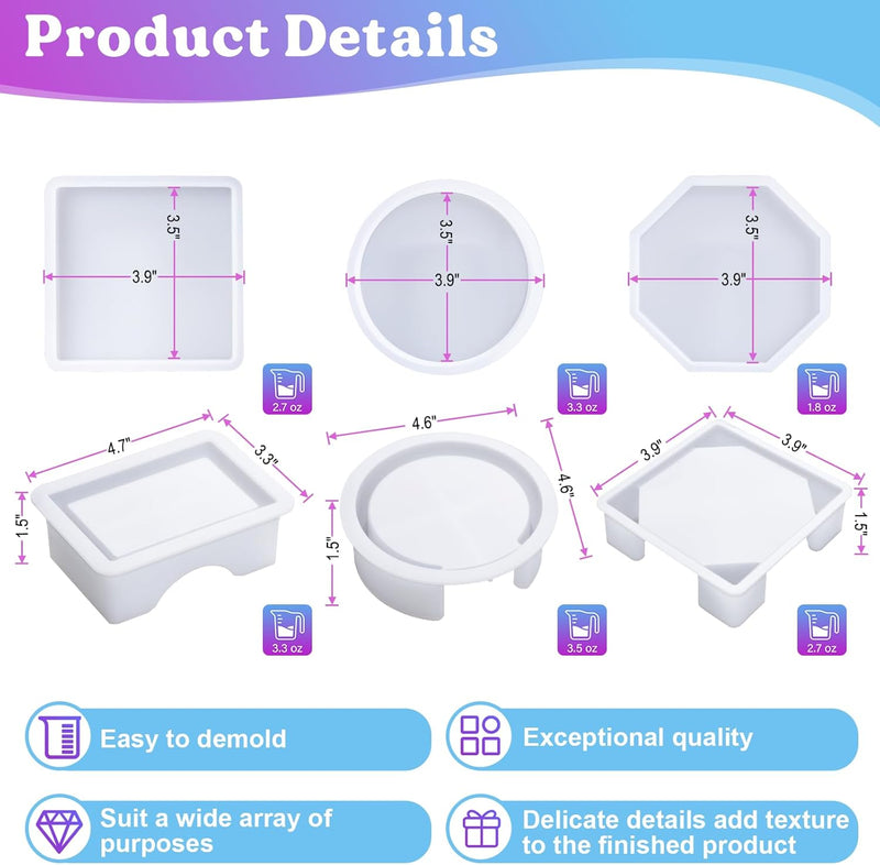 18-Piece Silicone Coaster Resin Molds Set - Round, Square & Octagon Shapes for DIY Art and Craft Projects