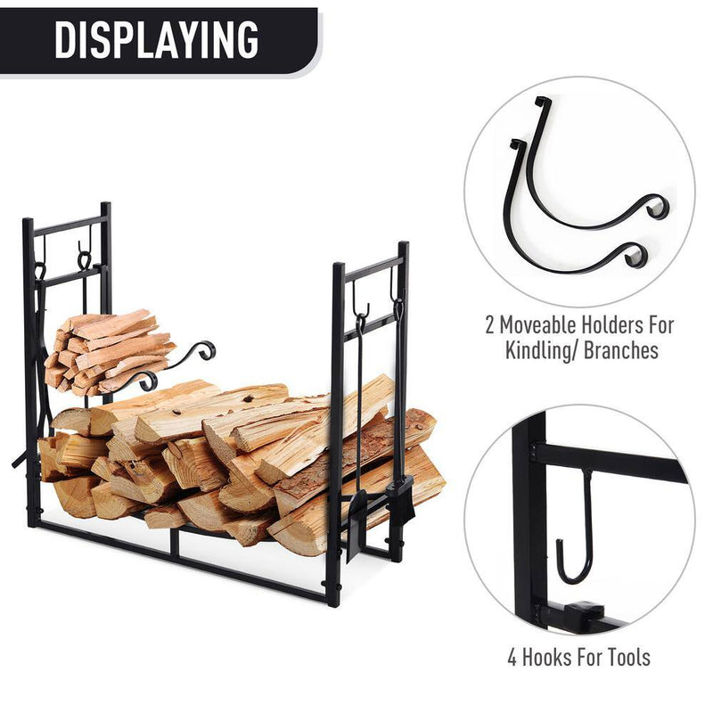 33 In. L Wrought Iron Indoor Outdoor Fireplace Tool Set Log Rack Holder with Fireplace Tools