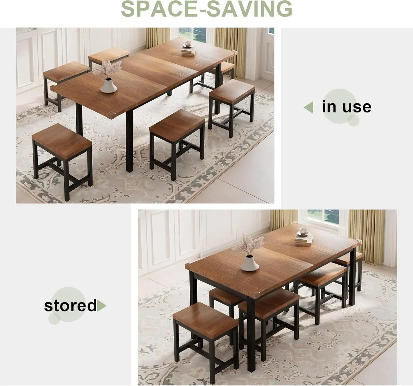 Dining Table Set, 7-Piece Extendable Table from 63" Large Extendable Kitchen Table Set for 4-8 People, Mid-Century Dining Room Table with 6 Square Stools,Walnut