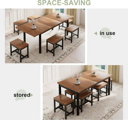Dining Table Set, 7-Piece Extendable Table from 63" Large Extendable Kitchen Table Set for 4-8 People, Mid-Century Dining Room Table with 6 Square Stools,Walnut