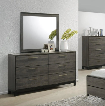 Ioana Antique Grey Finish Wood Bed Room Set, King Size Bed, Dresser, Mirror, Night Stand