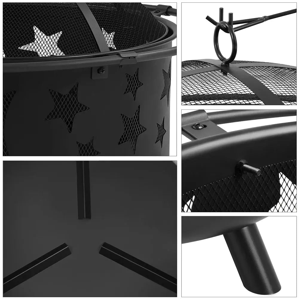 Iron Fire Pit with Poker Mesh Cover for BBQ Backyard Patio, Black