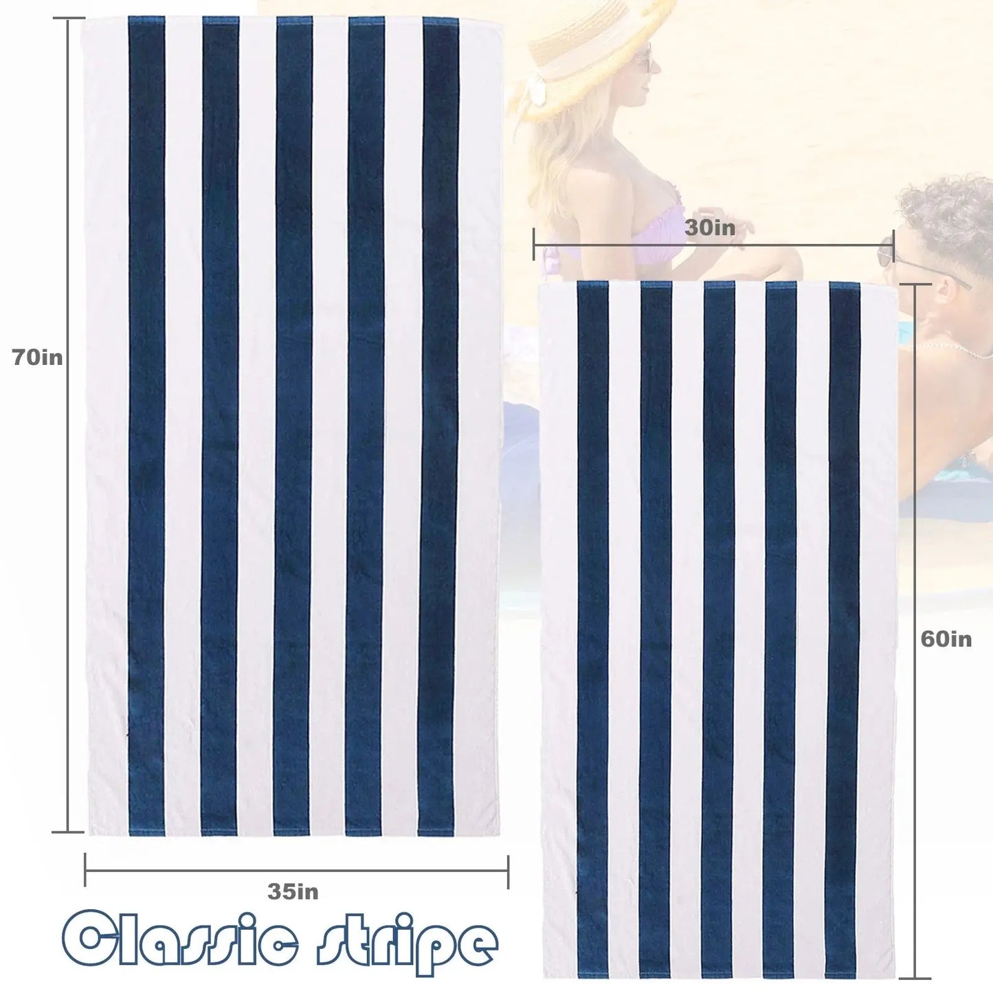 4-Pack Cotton Oversized 35"X70" Cabana Stripe Beach Towels, Super Absorbent Soft Plush Pool Towel, Bath Towel (Dark Navy)