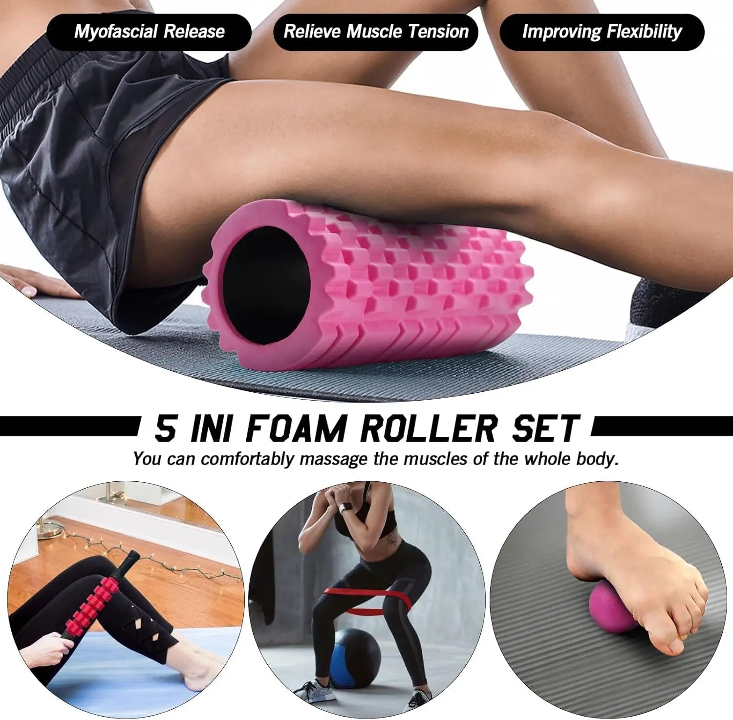 The Ultimate Squeeze-and-Release 5-in-1 Muscle Torture Kit: Foam Roller of Fury, Stick It to Your Stress, Ball of Relaxation, Resistance Band of Flexibility Madness for Your Entire Body's Gym-O-Matic Shenanigans!
