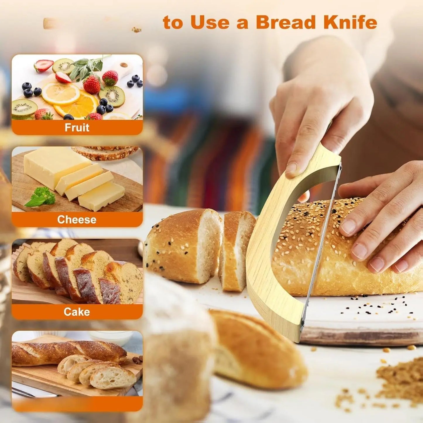 Bread Knife for Homemade Bread – 16" Walnut Bow Bread Cutter with Ultra-Sharp Serrated Stainless Steel Blade, Sourdough Bread Knife for Bagels, Baguettes, and Rustic Loaves - Wood Color