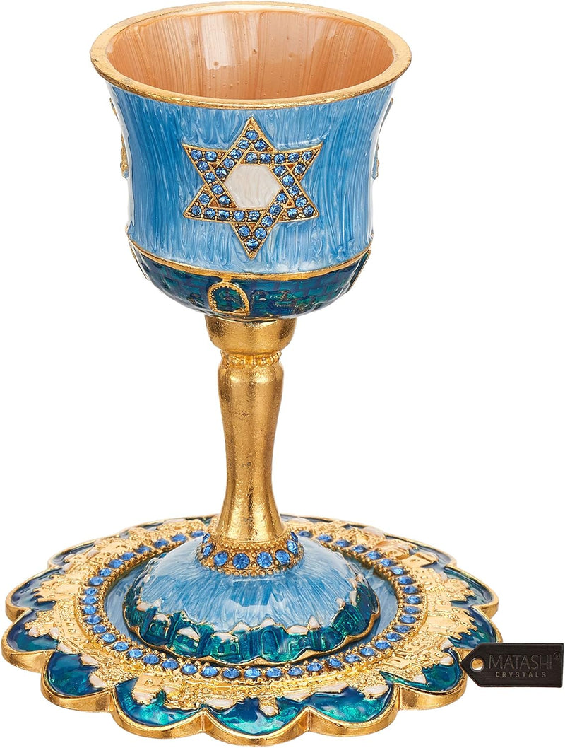Hand-Painted Enamel Tall 5" Kiddush Cup Set W/Stem & Tray Embellished W/Crystals and Star of David Design for Weddings Shabbat Havdalah Passover Goblet Judaica Gift Cup