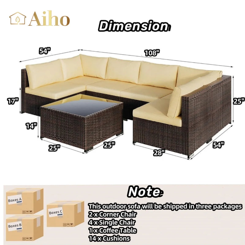 7 Piece Patio Furniture Sets,  Outdoor Sectional Sofa with Glass Coffee Table & Cushions for Patio - Beige