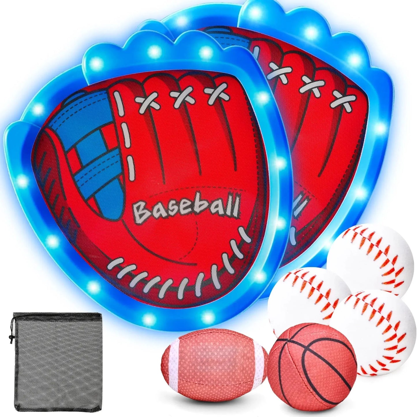 Toss and Catch Velcro Ball Set - LED Baseball Training Glove & Catch Ball Toys for Kids, Toddler Baseball Glove Set with 5 Balls, Outdoor Toys for Kids Ages 3-8