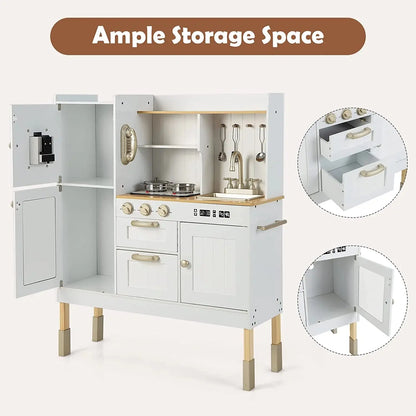 Kid Kitchen Playset, Toddler Wooden Pretend Cooking Set with Realistic Light & Sound, Stove, Sink, Microwave, Storage Cabinet,Pretend Play Kitchen Toy Set for Children Boys Girls