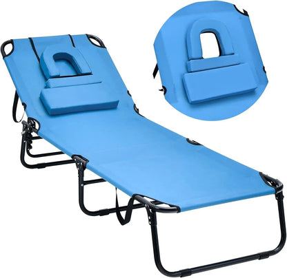 Chill in Style with Our Folding Chaise Lounge Beach Chair! Perfect for Tanning with a Face Hole Pillow – Ideal for Poolside, Patio, or Backyard Relaxation! 🌞💦 #SummerVibes #BeachReady