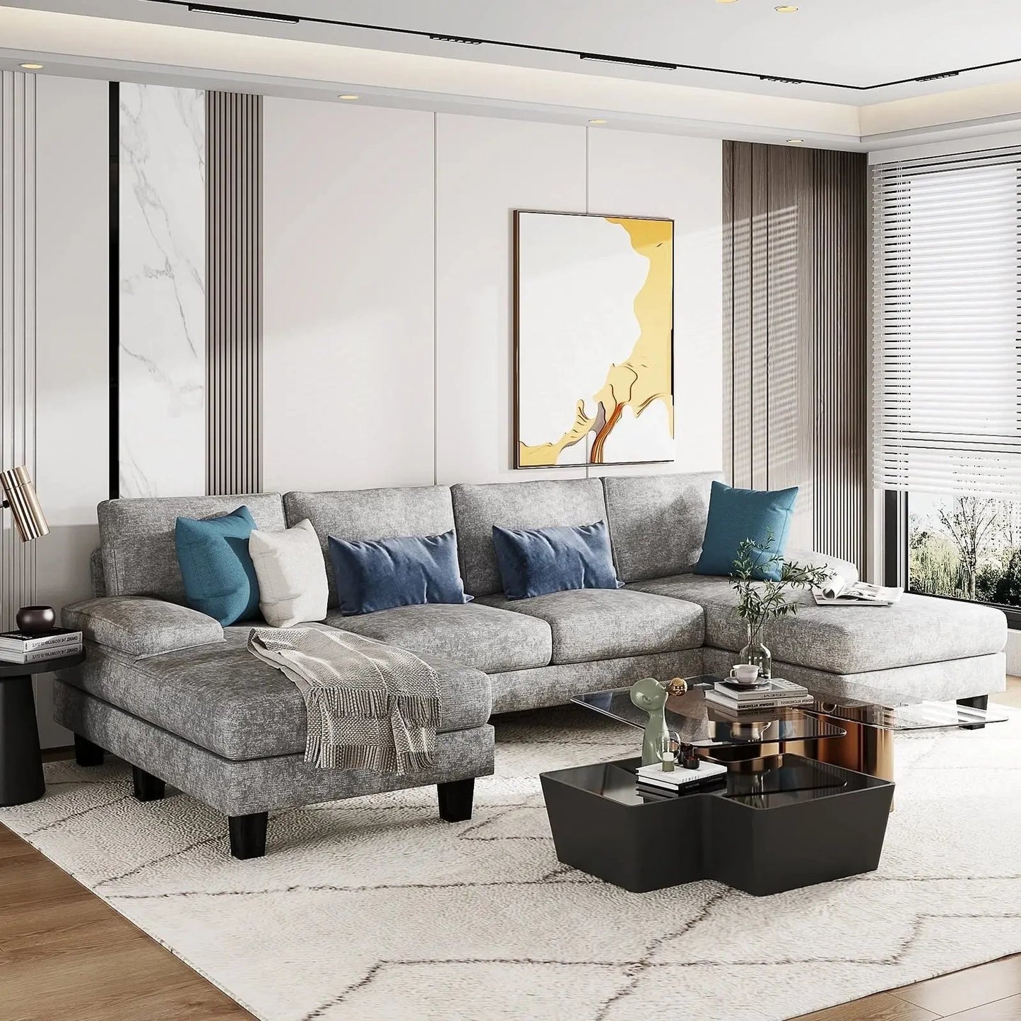 Elegant U-Shaped Chenille Sectional Sofa with Chaise - 4 Comfortable Seats in Modern Gray for Your Living Room