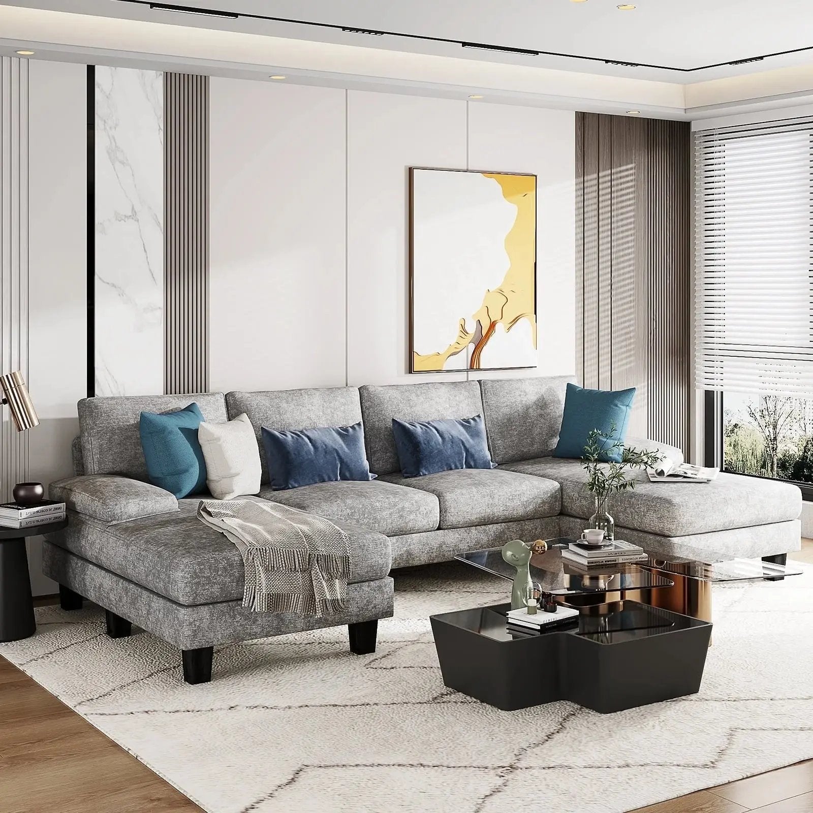 Elegant U-Shaped Chenille Sectional Sofa with Chaise - 4 Comfortable Seats in Modern Gray for Your Living Room