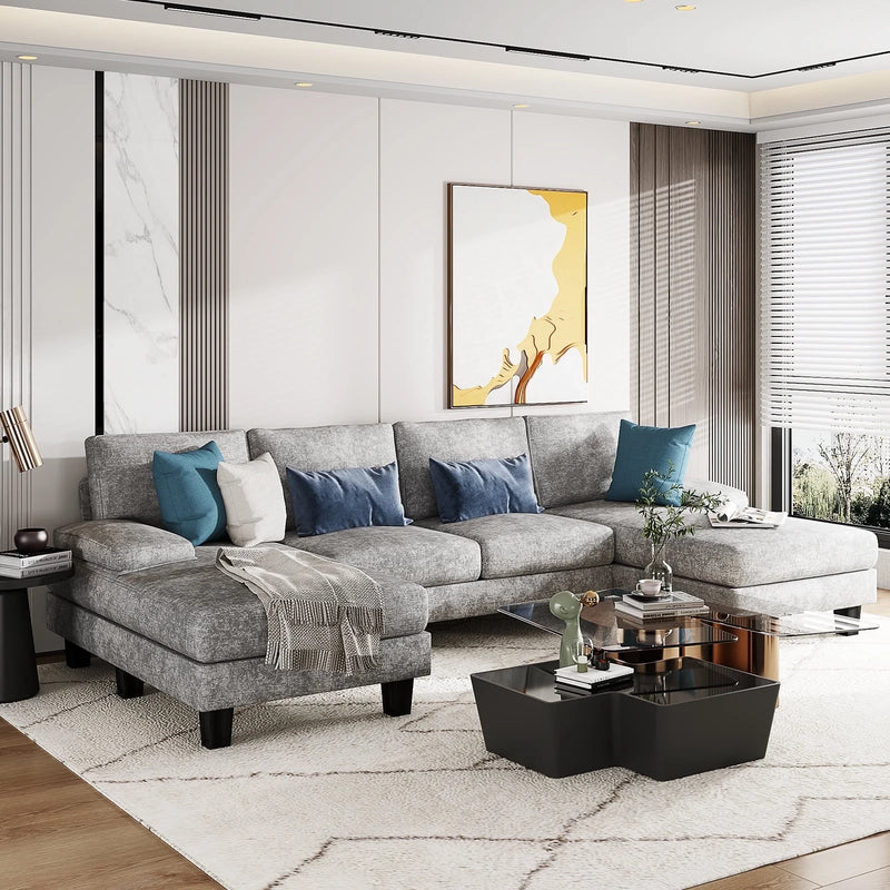 Elegant U-Shaped Chenille Sectional Sofa with Chaise - 4 Comfortable Seats in Modern Gray for Your Living Room
