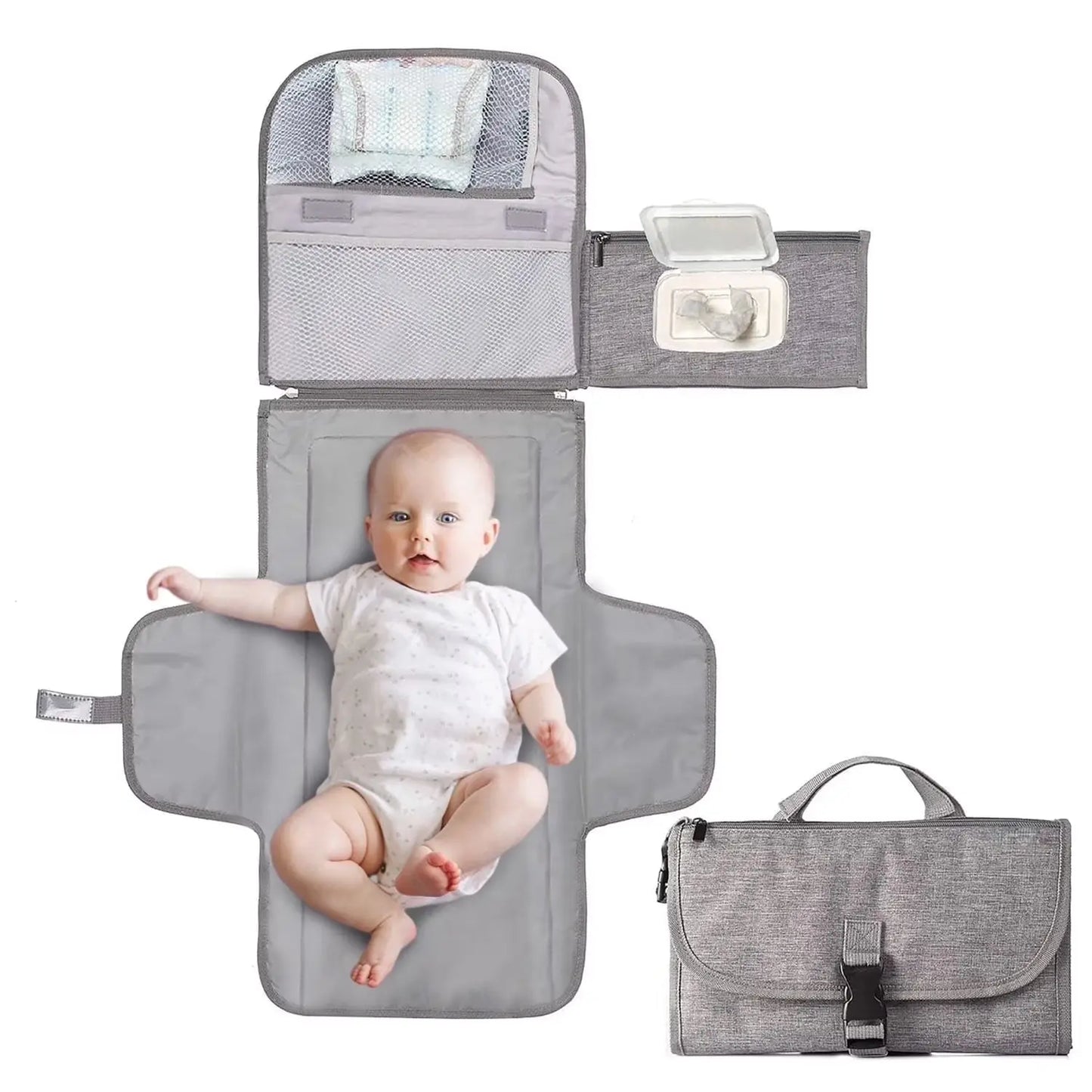 Portable Diaper Changing Pad, Waterproof Travel Baby Changing Kit with Wipes Pocket,Foldable,Gray