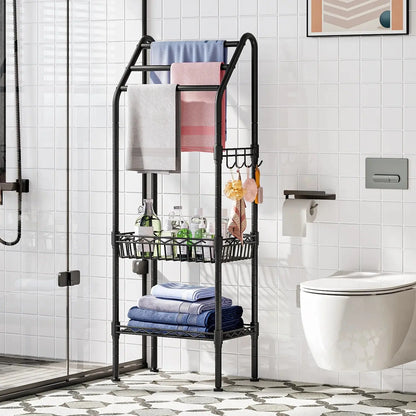 Metal 3 Tiers Free-Standing Towel Rack, Adjustable Bathroom Storage Organizer Shelf, Bath Towel Standing Shelf for Swimming Pool, Black