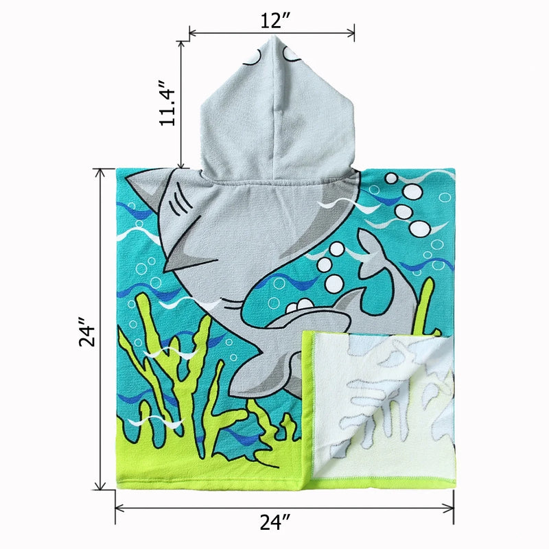Shark Kids Hooded Beach Towel Pool Bath Towel Soft Absorbent Poncho, 24" X 24", Grey