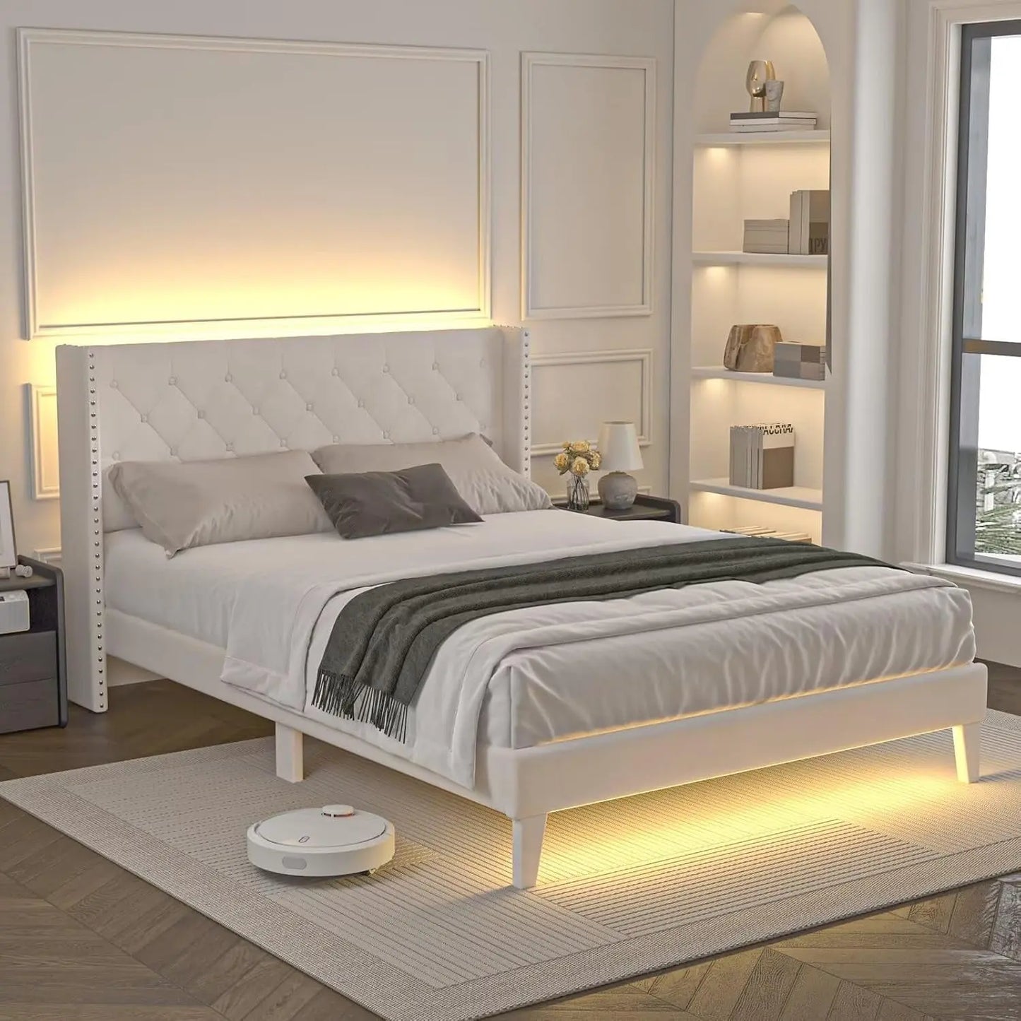 Full Size Bed Frame with Led Lights, Upholstered Velvet Platform Bed Frames with Button Tufted Wingback Headboard and Footboard, Wooden Slats Support, No Box Spring Needed, Beige