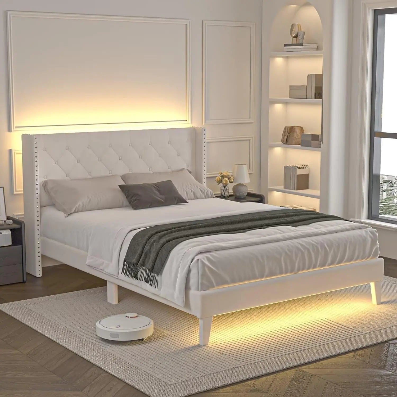 Full Size Bed Frame with Led Lights, Upholstered Velvet Platform Bed Frames with Button Tufted Wingback Headboard and Footboard, Wooden Slats Support, No Box Spring Needed, Beige
