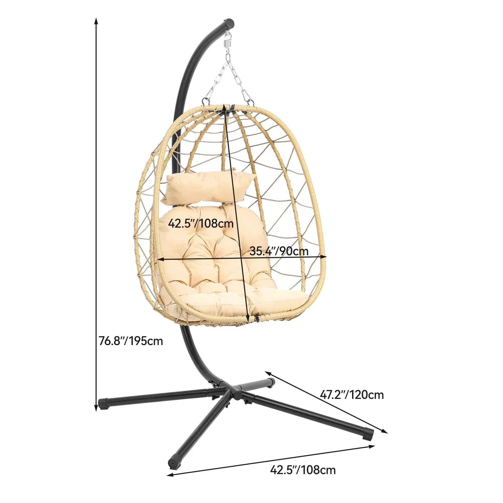 Hanging Egg Chair with Stand Swing Chair Wicker Indoor Outdoor Hammock Egg Chair with Cushions 330Lbs for Patio, Bedroom, Garden and Balcony, Beige