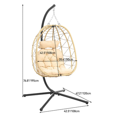 Hanging Egg Chair with Stand Swing Chair Wicker Indoor Outdoor Hammock Egg Chair with Cushions 330Lbs for Patio, Bedroom, Garden and Balcony, Beige