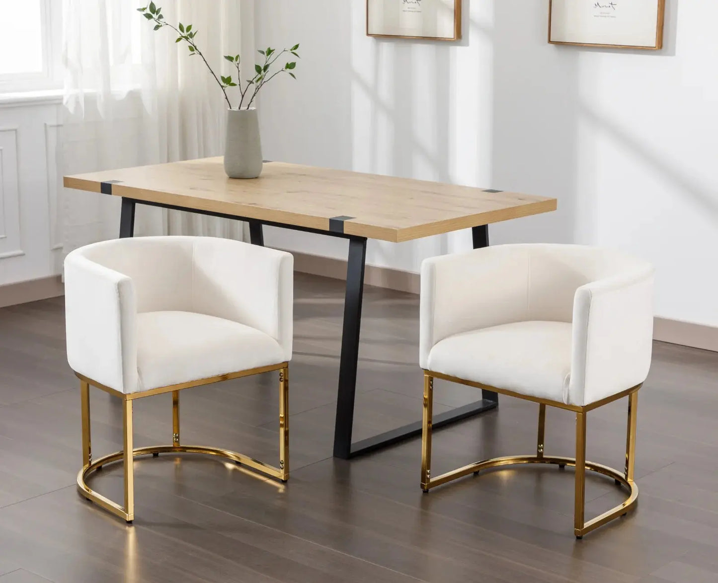 Modern Velvet Dining Chair, Mid-Century Upholstered Barrel Kitchen Chairs Fabric Side Chair with Metal Legs and Curved Back for Living Room Dining Room Bedroom, White