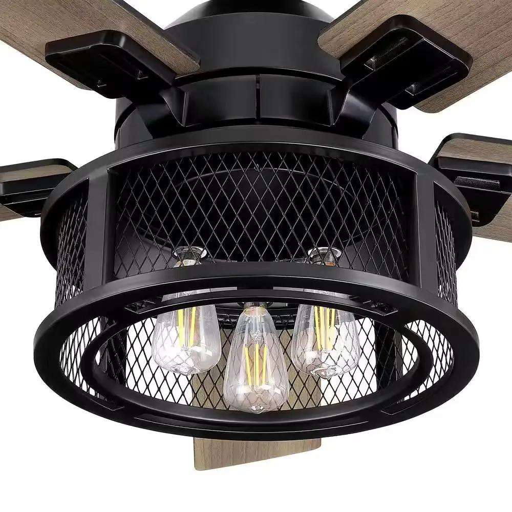 52 In. Indoor Industrial Mesh Metal Reversible Blades Black Ceiling Fan with Light Kit and Remote Control