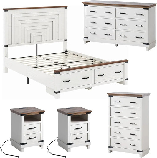5 Pieces Farmhouse Bedroom Set, Includes Wood Rustic Queen Bed Frame with 54" Tall Headboard, 6 Drawer Dresser Chest, 5 Drawer Tall Dresser, Nightstands Set of 2 with Charging Station, White